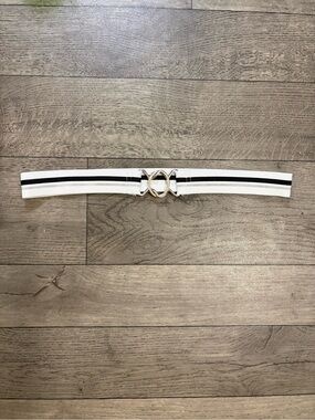 Bebe Elastic Stripe Waist Belt with Silver Ring Buckle - White Black Silver